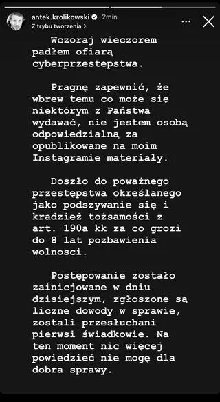 Antoni Królikowski o włamaniu na jego konto na Instagramie