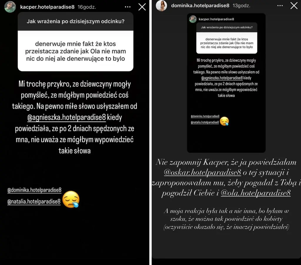 Kacper z "Hotelu Paradise 8" o słowach Oli. Dominika odpowiedziała