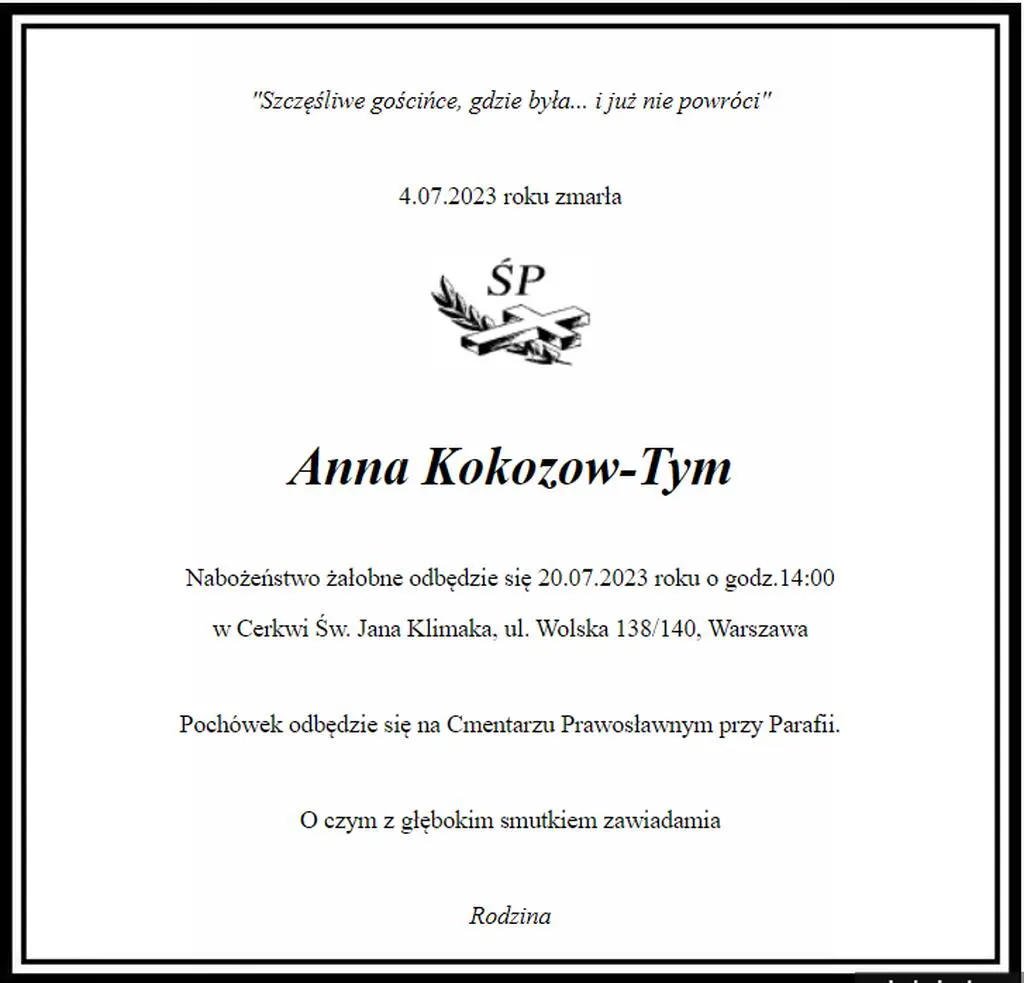 Nekrolog żony Stanisława Tyma