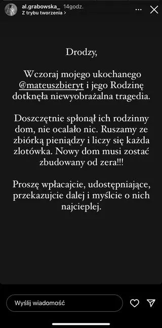 Aleksandra Grabowska o spalonym domu rodziców Mateusza Bieryta