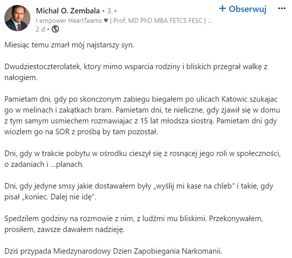 Michał Zembala o śmierci syna