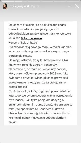 Roksana Węgiel zakończyła współpracę z menedżerem