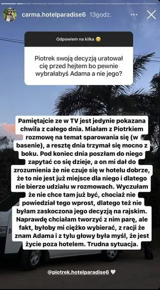 "Hotel Paradise". Camilla komentuje decyzję Piotra