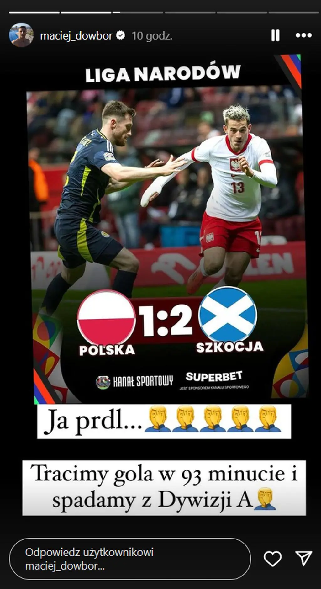 Maciej Dowbor załamany wynikiem meczu Polska - Szkocja