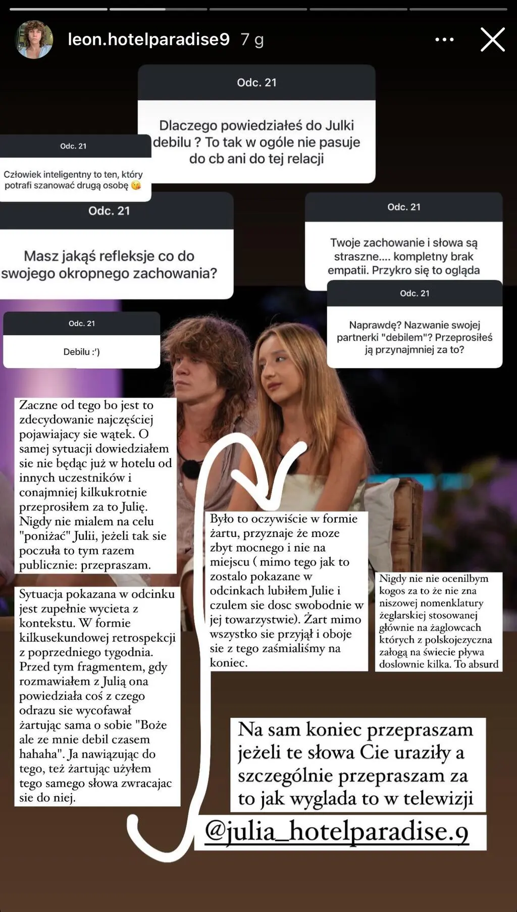 Leon z "Hotelu Paradise 9" o sytuacji z Julią