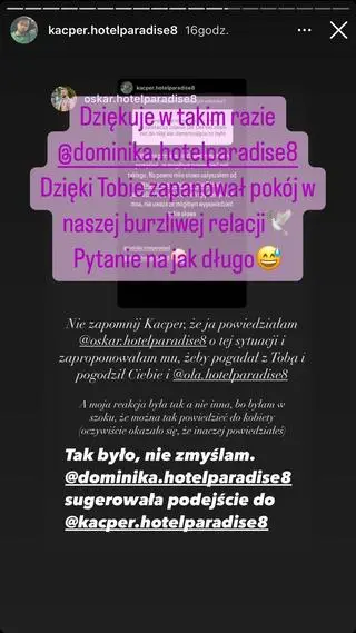 Kacper z "Hotelu Paradise 8" odpowiedział Dominice