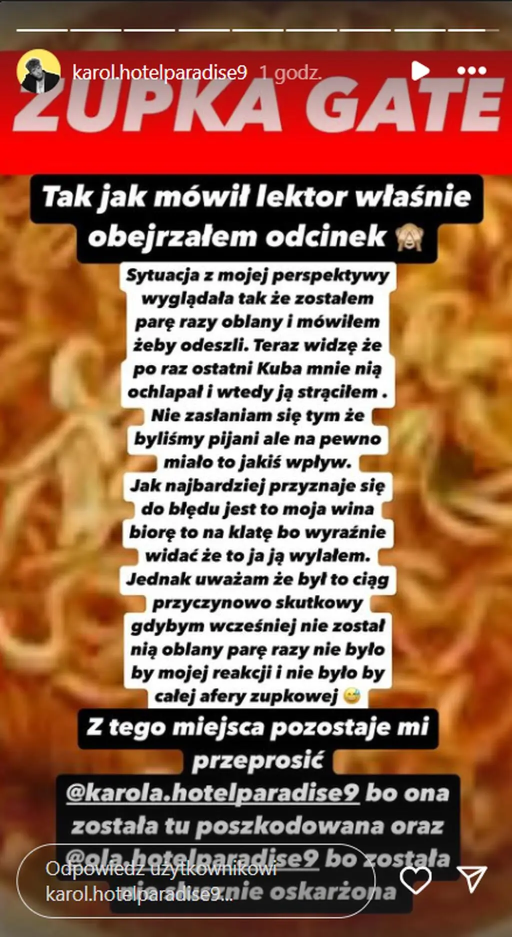 Karol Sterliński z "Hotelu Paradise 9" o "zupka gate"
