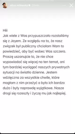 Eliza Milewska z "Hotelu Paradise" wydała oświadczenie w sprawie rozstania