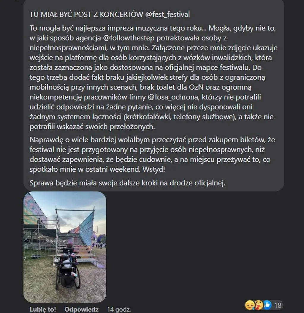 Na Fest Festival zabrakło udogodnień dla osób z niepełnosprawnościami