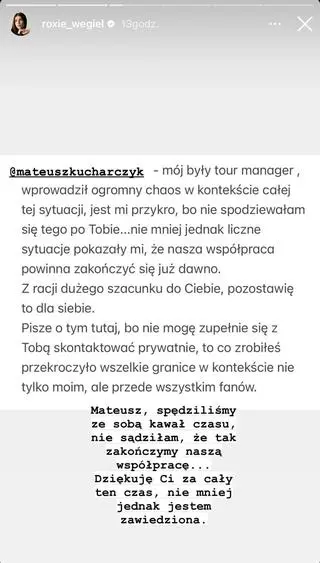 Roksana Węgiel zakończyła współpracę z menedżerem