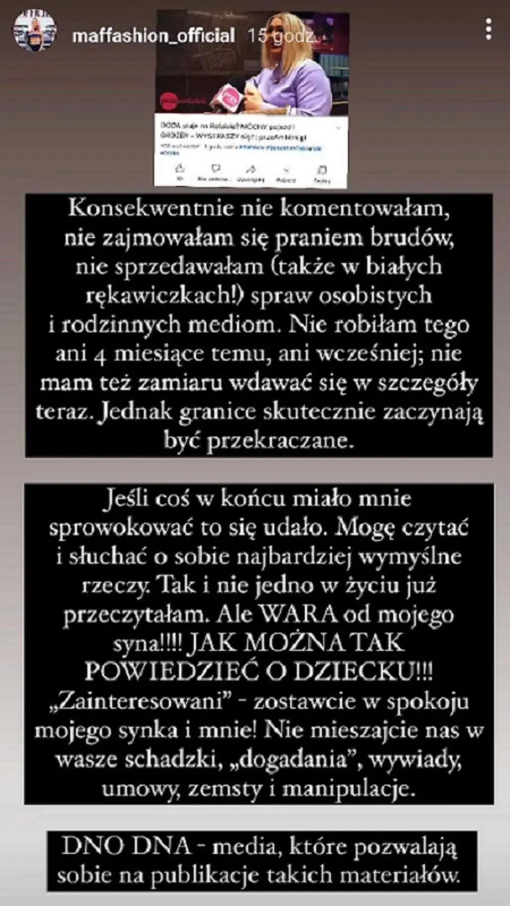 Maffashion wystąpiła w obronie syna