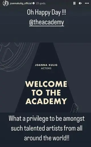 Joanna Kulig zareagowała na przyjęcie do Amerykańskiej Akademii Sztuki i Wiedzy Filmowej