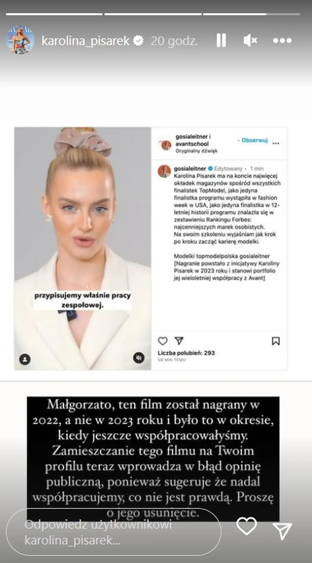 Karolina Pisarek zwróciła się do Małgorzaty Leitner