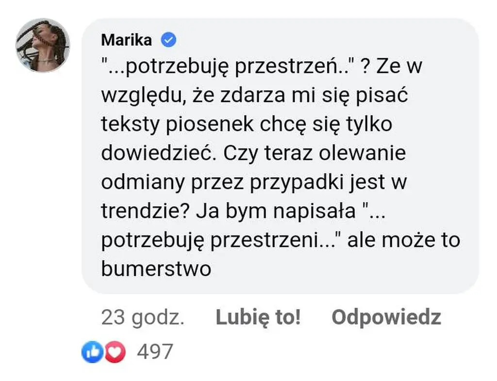 Marika wypowiedziała się na temat tekstu piosenki Roksany Węgiel 