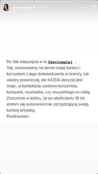 Roksana Węgiel zakończyła współpracę z menedżerem