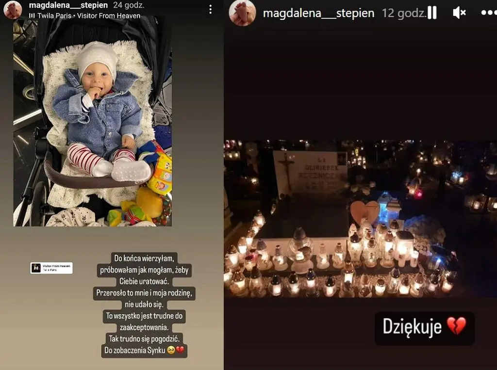 Magdalena Stępień wzruszona widokiem na grobie syna