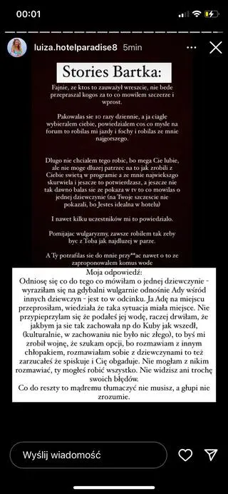 "Hotel Paradise 8". Luiza reaguje na relację Bartka