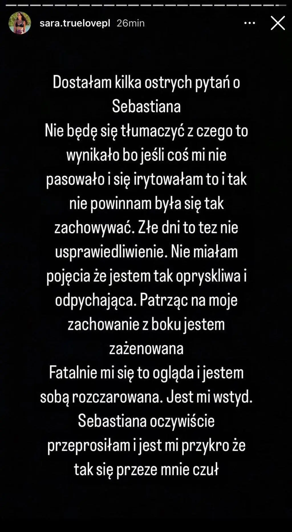 Sara z "True Love" tłumaczy się z zachowania wobec Sebastiana