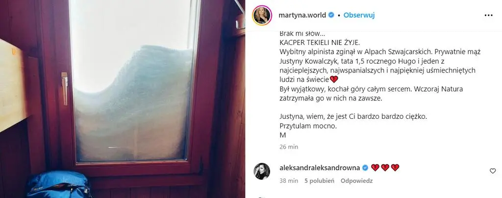 Kacper Tekieli nie żyje. Aleksandra Kwaśniewska pożegnała alpinistę