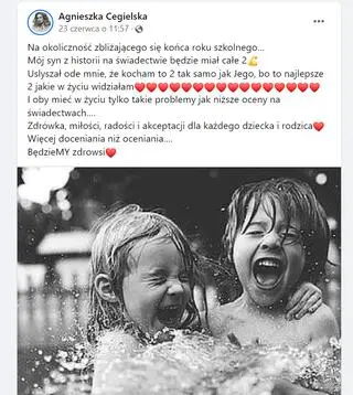 Wpis Agnieszki Cegielskiej na Facebooku