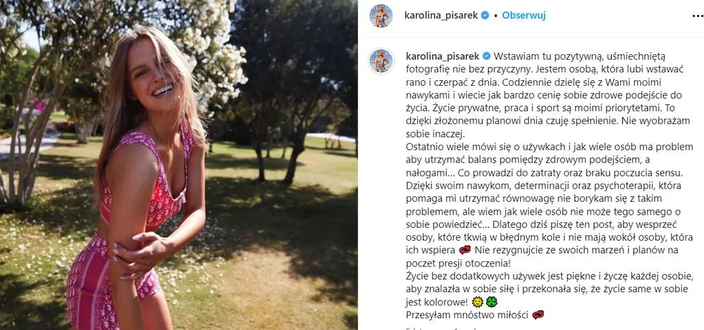 Karolina Pisarek o życiu wolnym od używek