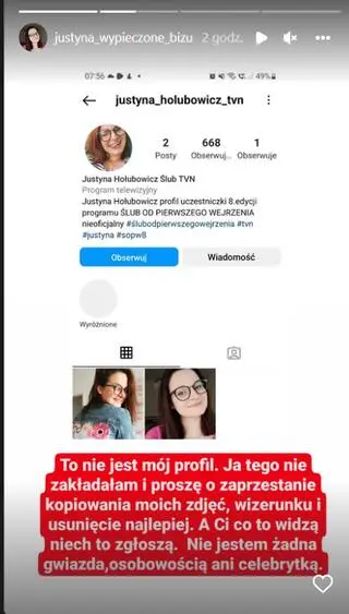 Oświadczenie Justyny Hołubowicz na jej instastory