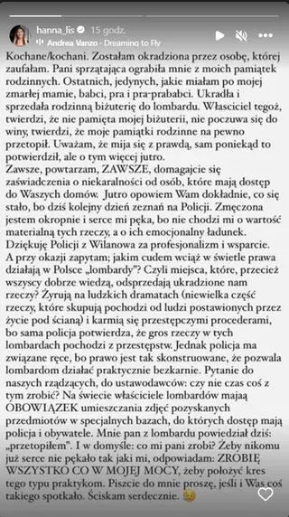 Hanna Lis podzieliła się smutnym wpisem 