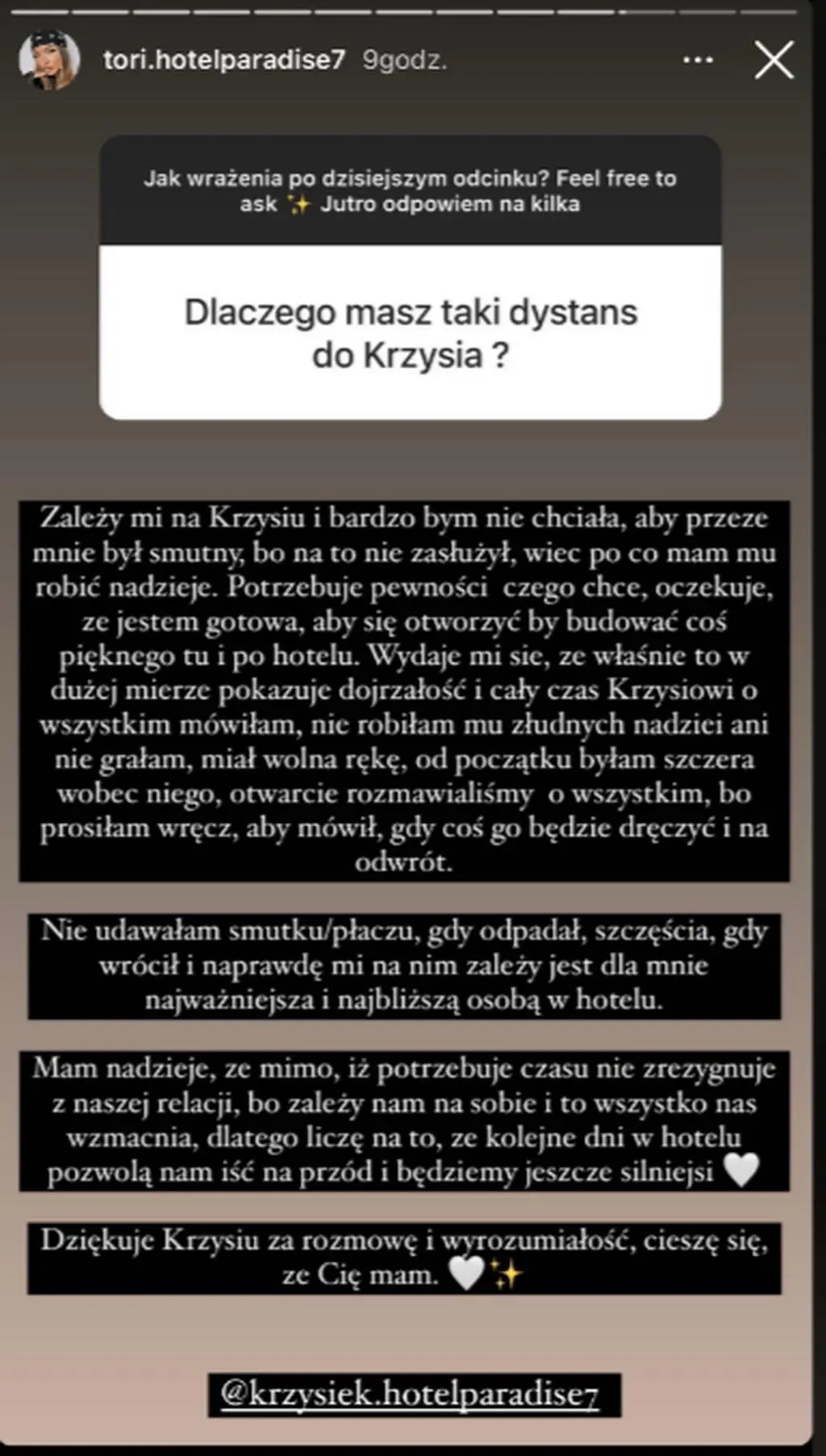 "Hotel Paradise 7". Tori o bliskości z Krzysiem