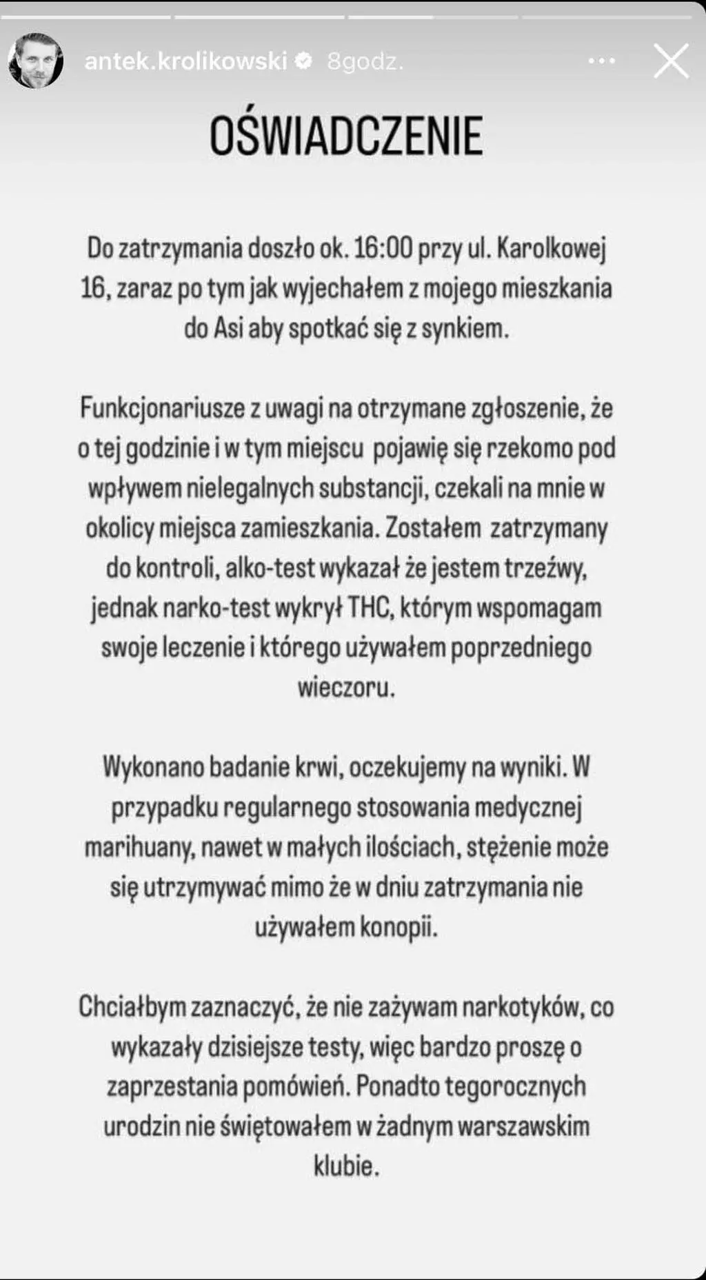 Antoni Królikowski wydał oświadczenie w sprawie zatrzymania