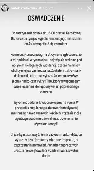 Antoni Królikowski wydał oświadczenie w sprawie zatrzymania