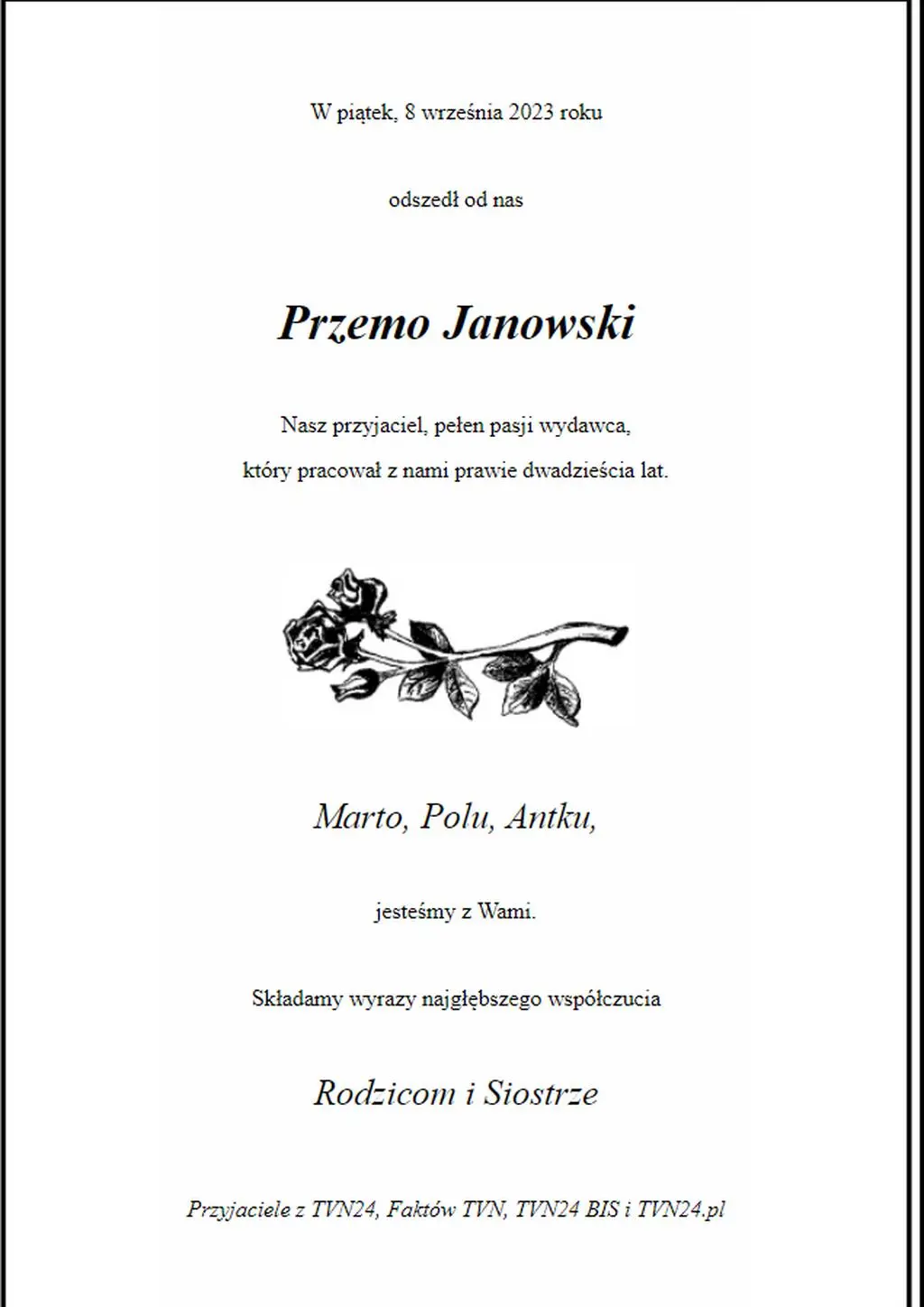Nekrolog Przemysława Janowskiego