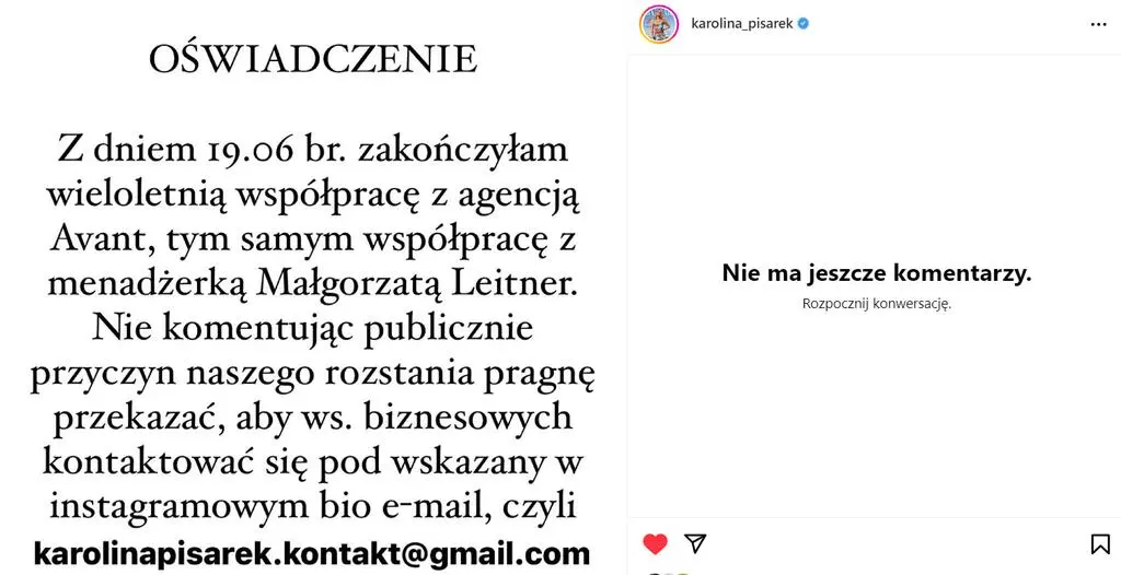 Karolina Pisarek wydała oświadczenie