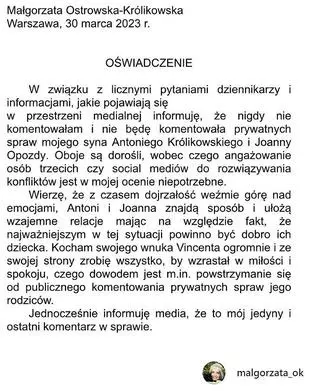 Oświadczenie Małgorzaty Ostrowskiej-Królikowskiej