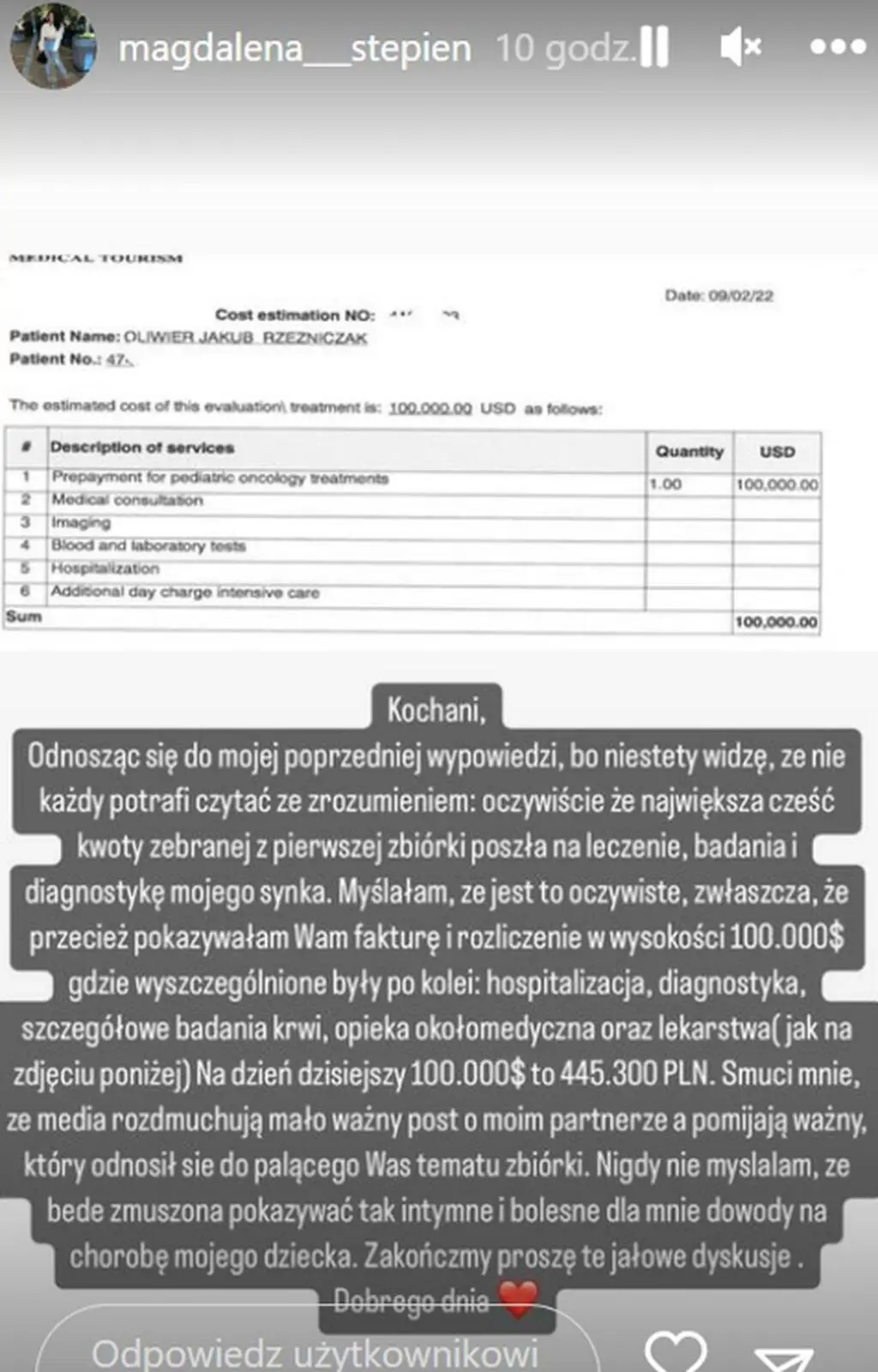Magdalena Stępień pokazała fakturę za leczenie syna