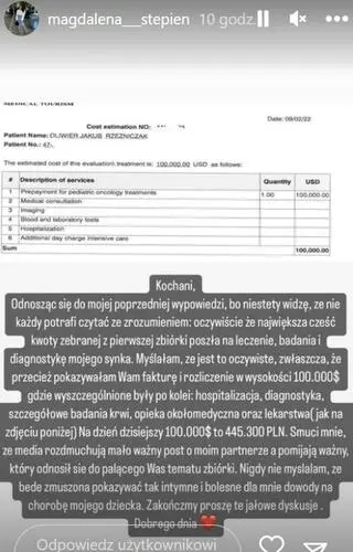 Magdalena Stępień pokazała fakturę za leczenie syna